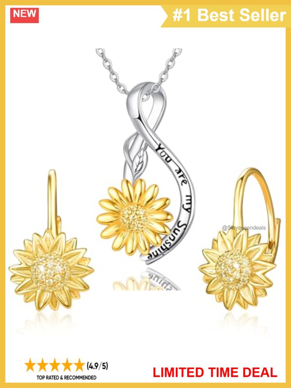 Sunflower Jewelry Set 925 Sterling Silver 18K Gold Plated Necklace Earrings
